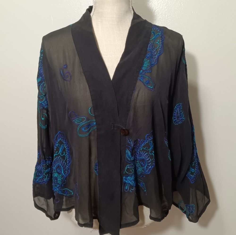 Chico's Black Sheer Embroidered Silk Cover up top Medium/Large